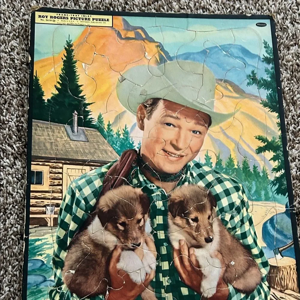 Roy Rogers Whitman 50s Picture Puzzle with Puppies - Green Plaid Cowboy